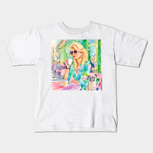 Girl and her pug in a Parisian cafe, watercolor painting Kids T-Shirt by SophieClimaArt